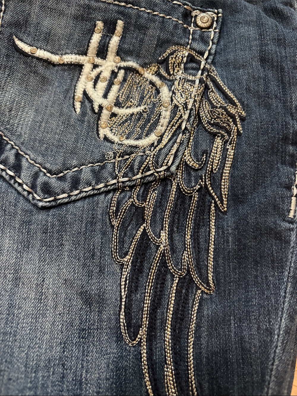 Harley-Davidson Dark Blue Boot Cut Jeans with Embroidered Wing Pocket 12 - Picture 2 of 6
